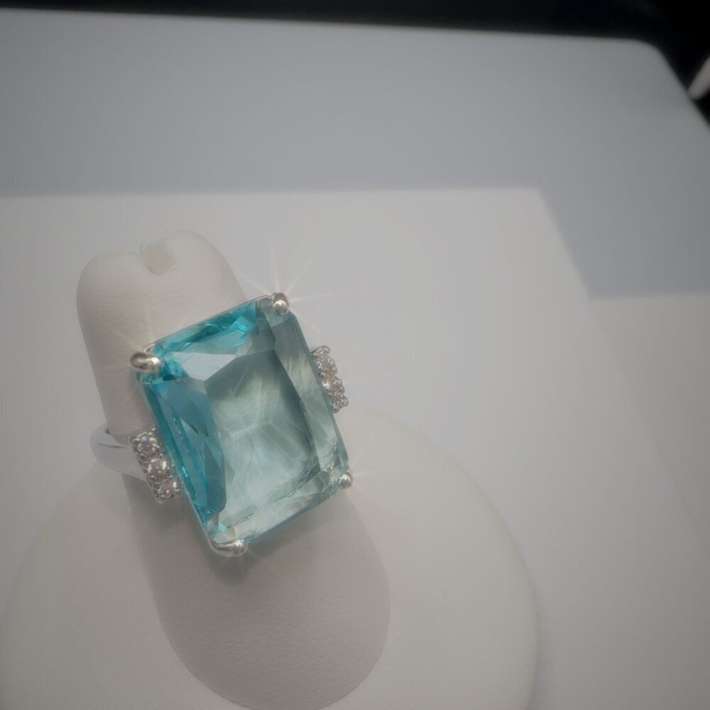 Aquamarine Gemstone Cocktail Ring Sterling Silver Tone Size 5 12 - Picture 6 of 13